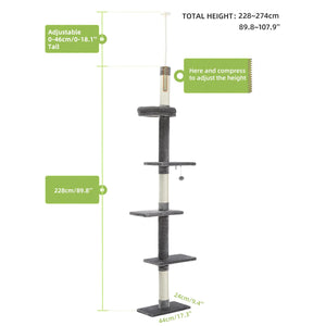PAWZ Road Cat Tower 5-Tier Floor to Ceiling Cat Tree Height(95-107 Inches) Adjustable, Tall Cat Climbing Tree Featuring with Scratching Post, Cozy Bed,Interactive Ball Toy for Indoor Cats/Kitten Grey