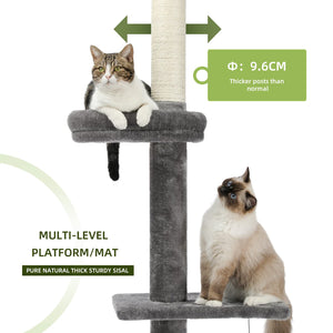 PAWZ Road Cat Tower 5-Tier Floor to Ceiling Cat Tree Height(95-107 Inches) Adjustable, Tall Cat Climbing Tree Featuring with Scratching Post, Cozy Bed,Interactive Ball Toy for Indoor Cats/Kitten Grey
