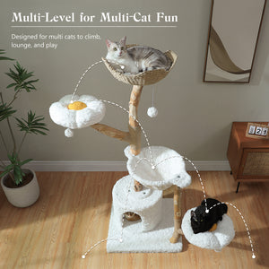 PAWZ Road 59-Inch Modern Luxury Wood Cat Tree Tower, Natural Wood,  Condo& Hammock, Flower Design for Indoor Cats, White, Home