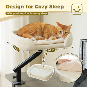 PAWZ Road Cat Bed for Desk - 14 Inch Space Saving Cat Hammock with Interactive Plush Ball Supports Up to 50lbs - Fits Tables Under 5cm Thick White