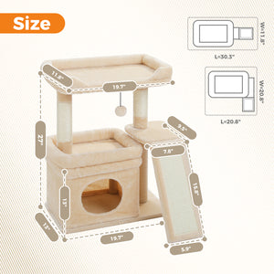 PAWZ Road 27-Inch Small Cat Tree Tower for Large Adult Cats with Wide Top Perch, Private Cat Condo and Sisal Scratching Post&Pad for Indoor Cats, (Green/Gray/Beige)