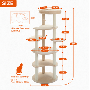 PAWZ Road 61" Cat Tree for Indoor Cats, Cat Climbing Tower with 9 Sisal Scratching Posts [6-Levels] Circular Play Floor and Replaceable Dangling Ball Top Perch Wood Beige/Gray