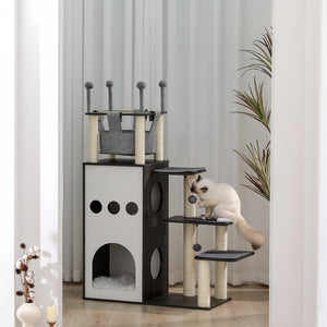 PAWZ Road Sky -castle Design Wooden Cat Tree, 50" Modern Cat Tower with 2-Floor Condo, Cat Furniture Sisal Scratching Posts, Capsule Nest and Dangling Balls, Inspired by Sky City for Indoor Large/Big Cats