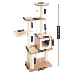 PAWZ Road Cat Tree Cat Tower for Indoor Cats 65.6 Inches Modern Wood Cat Condo with Scratching Post for Large Cats Climbing, Multi-Level Tall Cat Tower Tree House with Hammock for Kitten Play and Rest